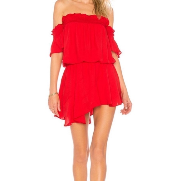 Amanda Uprichard Ariella Off the Shoulder Smocked Dress in Lipstick Red | SZ M - Picture 1 of 4